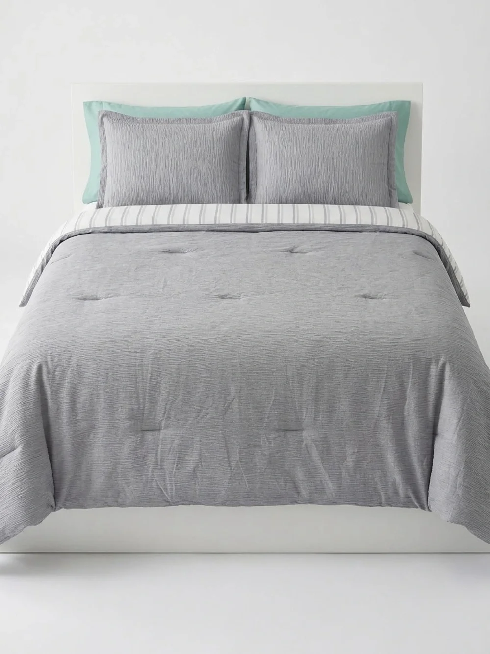 Striped White and Gray Comforter Set with Aqua Shams